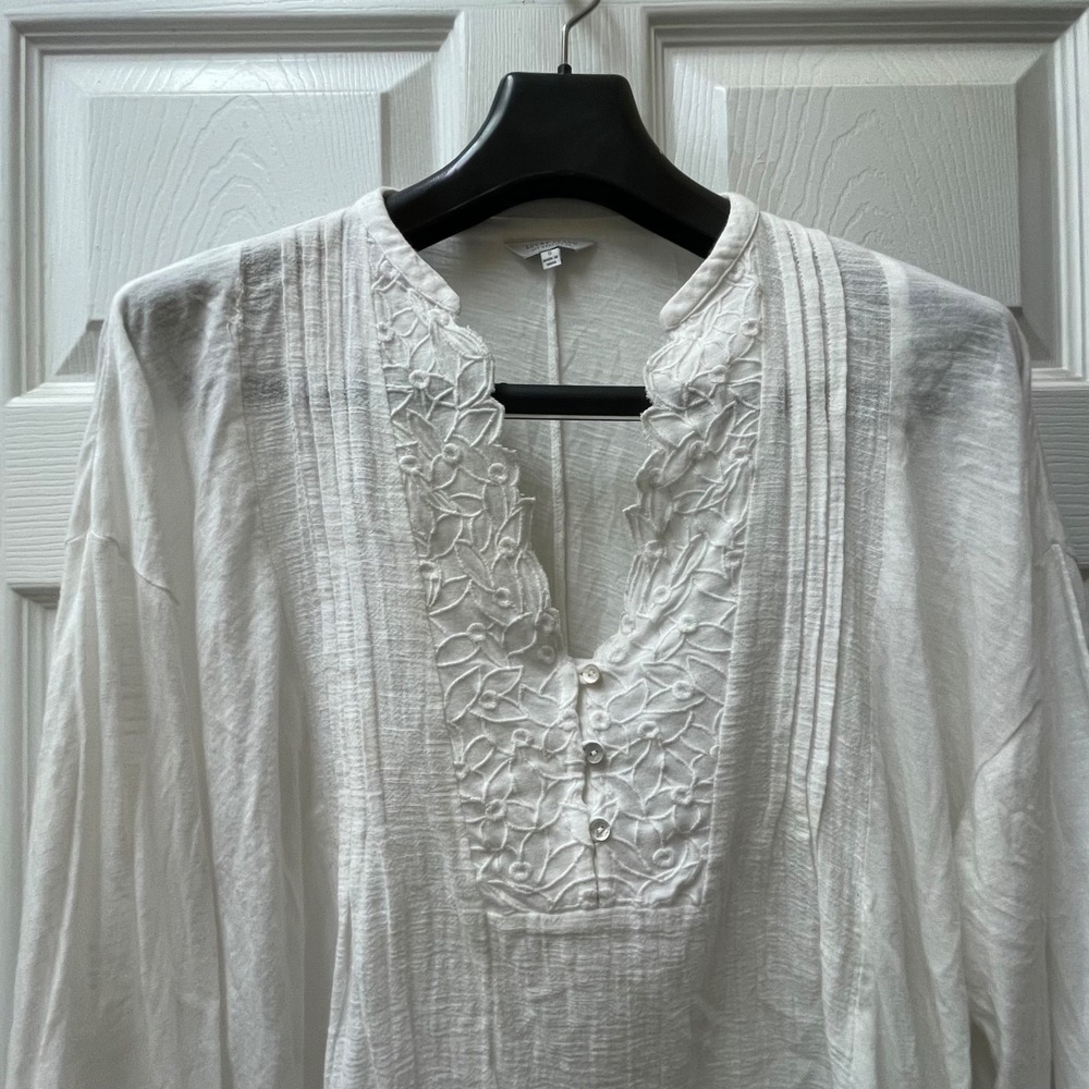 Lucky Brand Sz S White Pintuck Lace Ruffle Blouse Bell Sleeve Boho Cottagecore - Picture 4 of 15